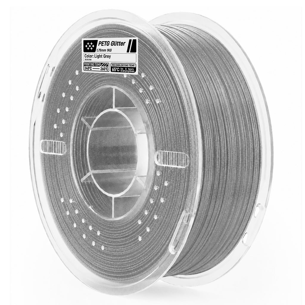Szpula filamentu PETG Glitter w kolorze jasnoszarym, 1,75mm, w przezroczystym opakowaniu