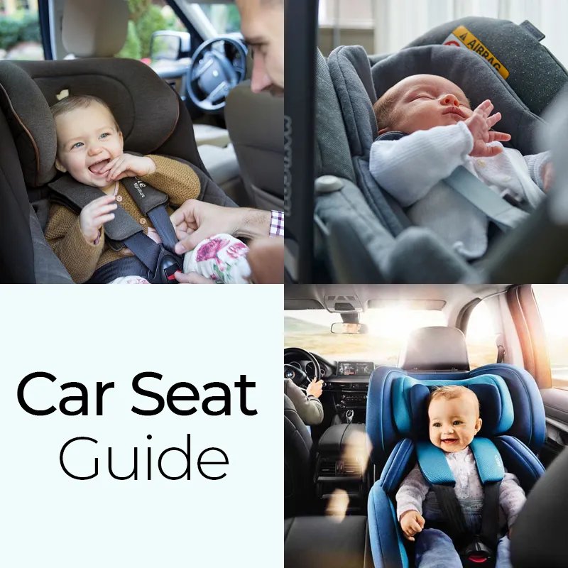 Car Seat Guide collage showing infants and toddlers in various vehicle safety seats