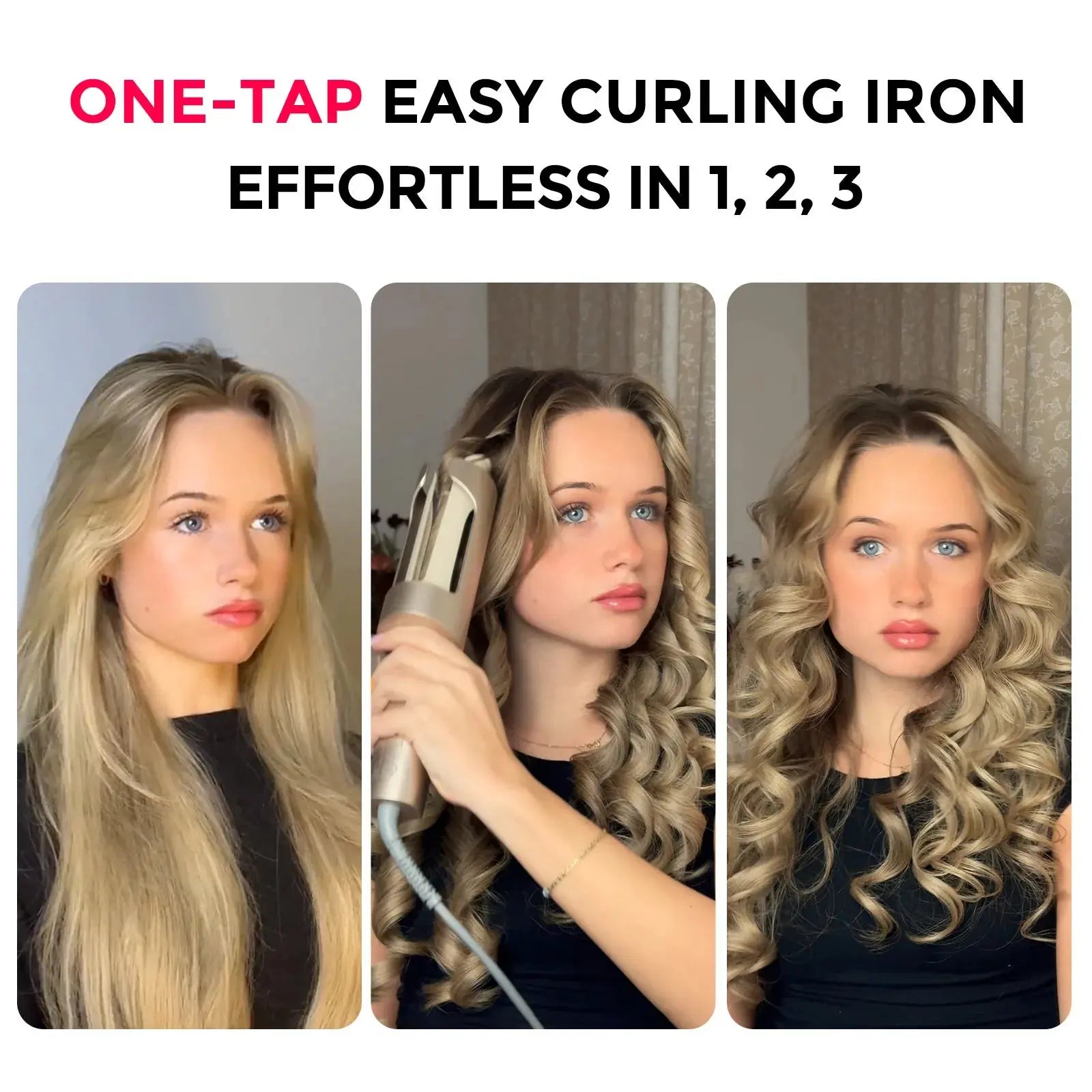Three-step progression showing straight hair being curled with automatic iron to create waves