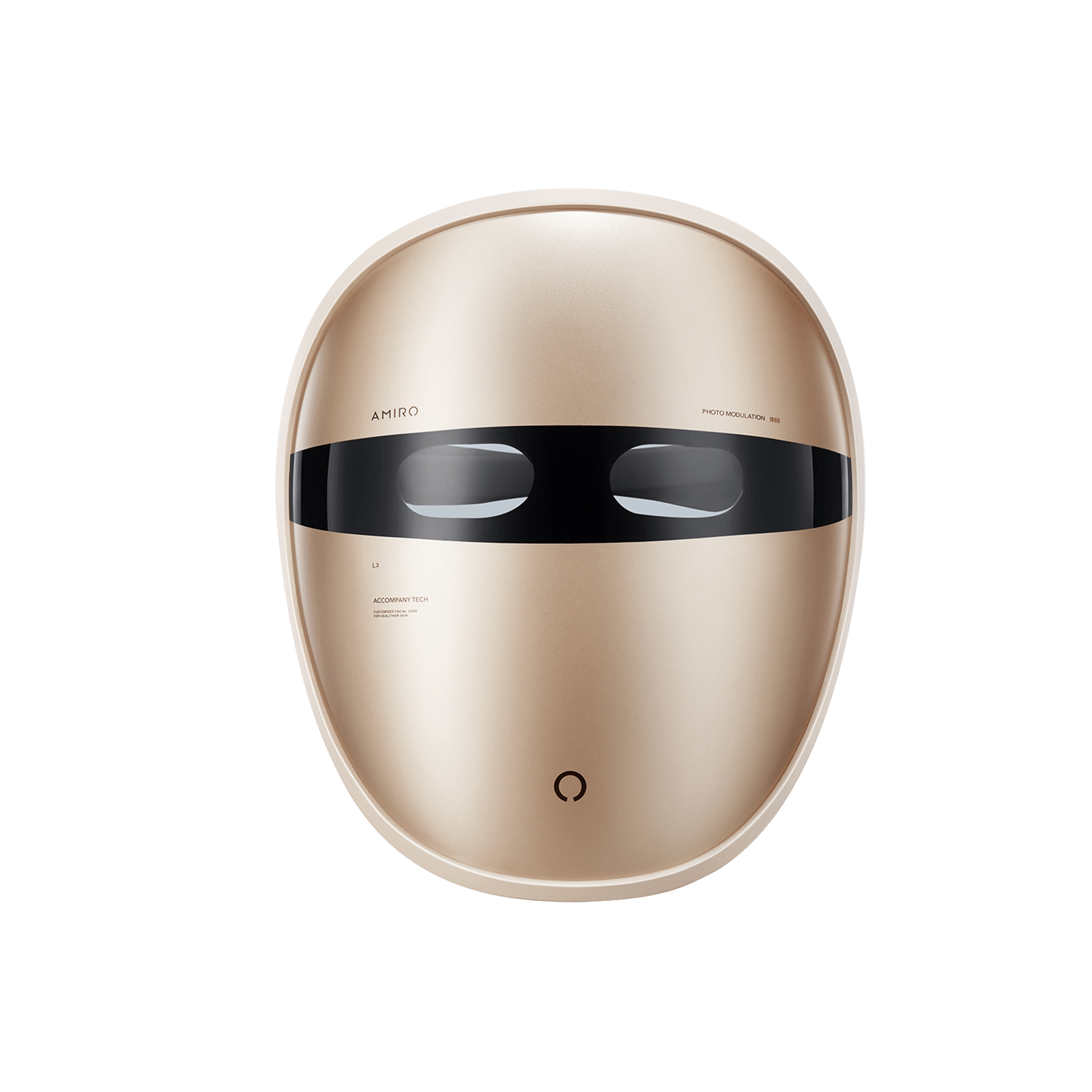Gold and black full-face LED mask with oval shape and center power button
