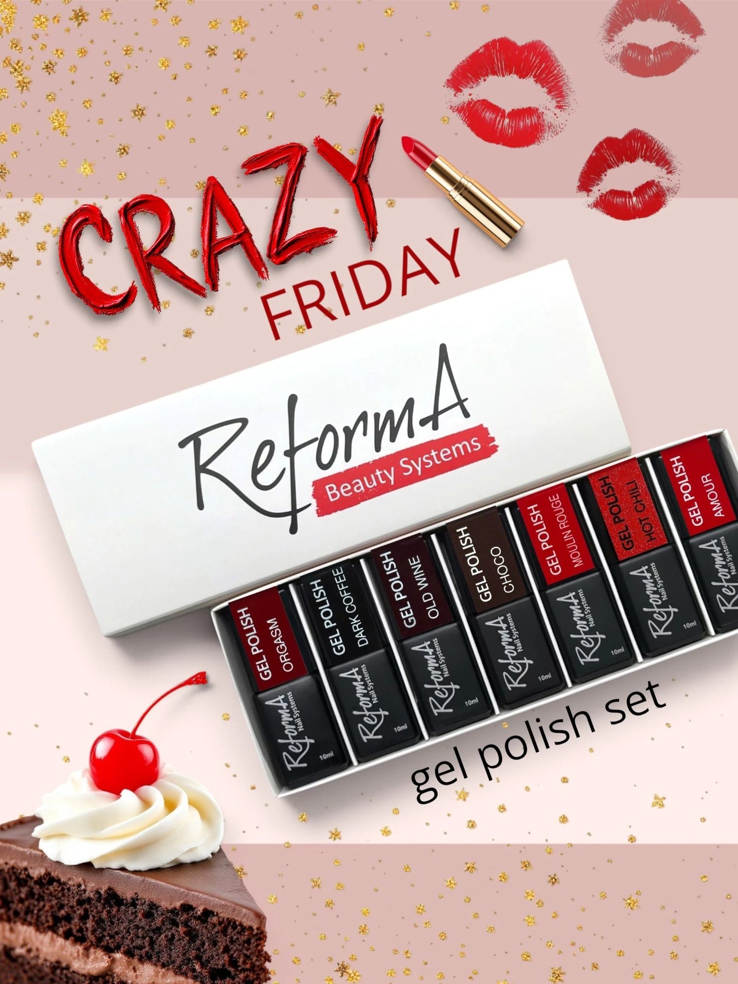 Kompozycja z czerwoną szminką, pozdrowieniami Crazy Friday i pudełkiem zestawu lakierów żelowych ReformA Beauty Systems