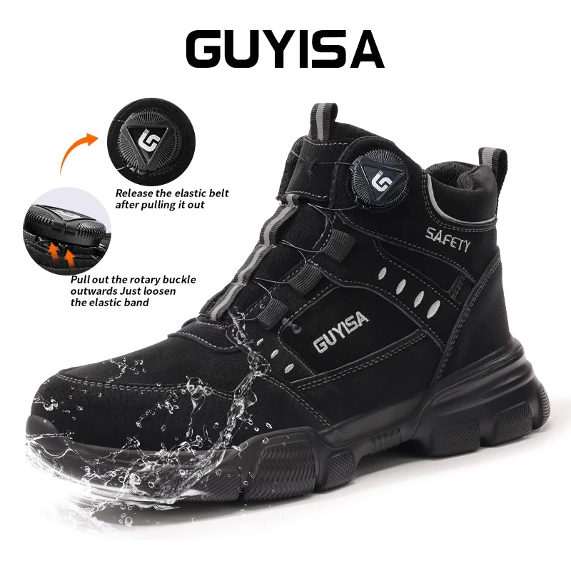Black safety boot with rotary buckle closure system and elastic band, showing adjustment instructions with arrows