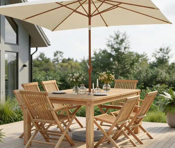 Ensemble de salon de jardin en bois avec parapluie beige et chaises pliantes autour d'une table