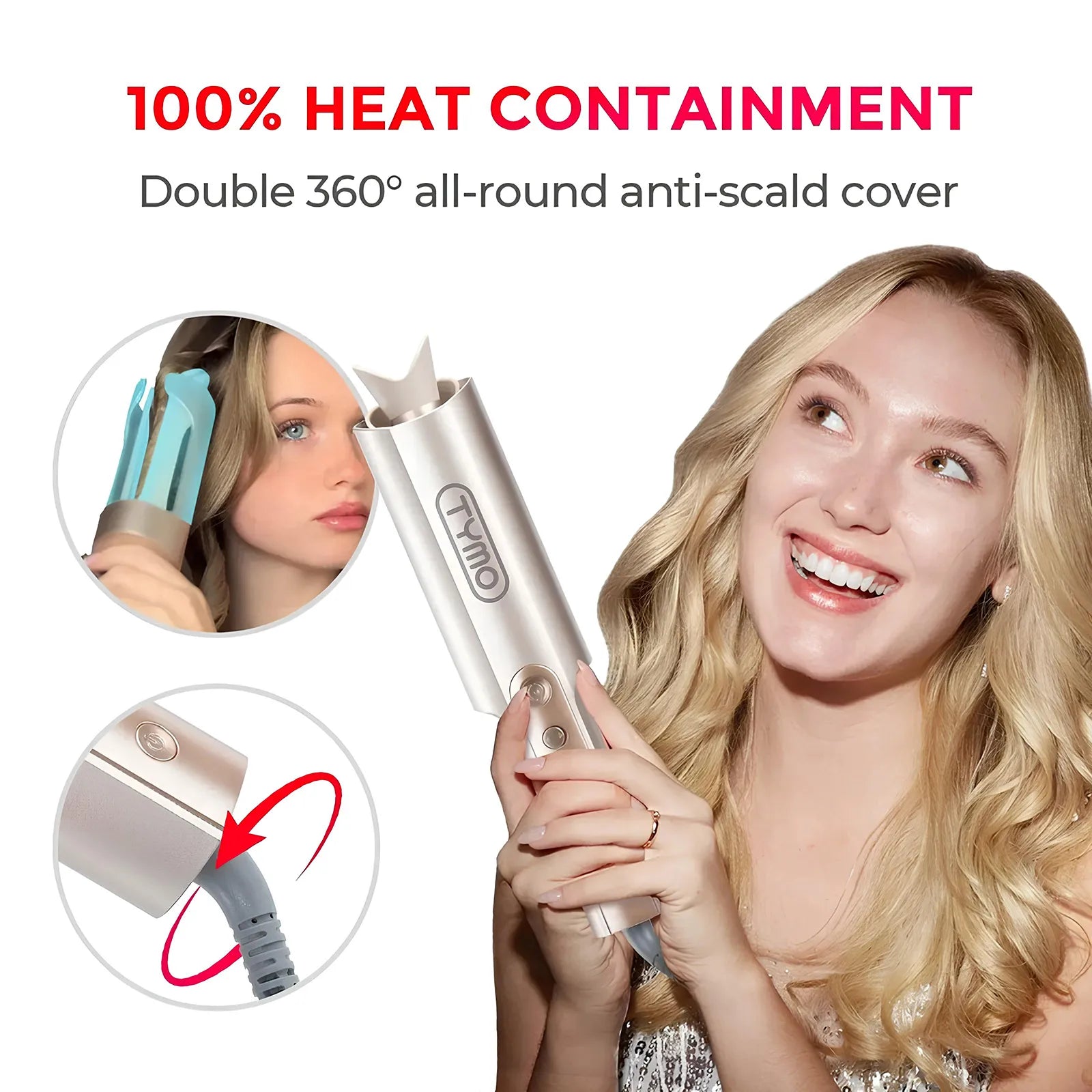 Woman holding automatic curling iron with heat protection cover shown in circular detail insets