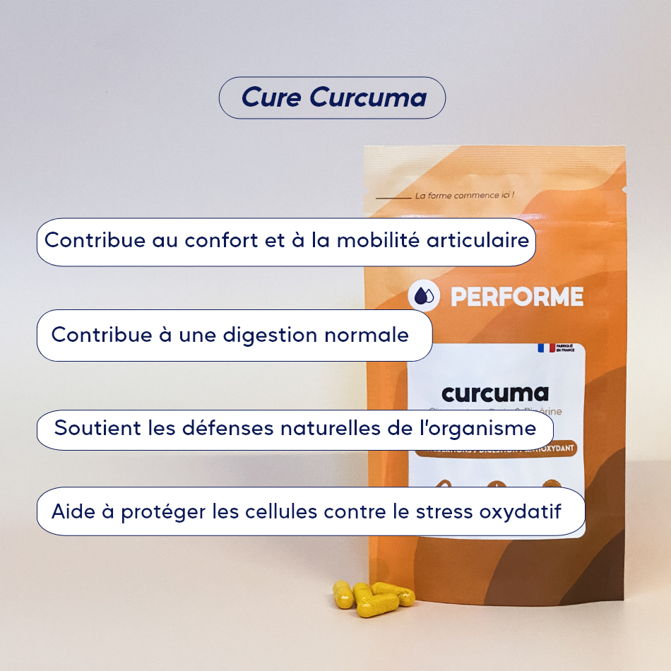 Infographie présentant les bénéfices du curcuma avec textes en français et un sachet orange en arrière-plan