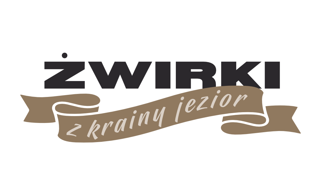 Logo marki Zwirki z krainy jezior z brązową wstęgą