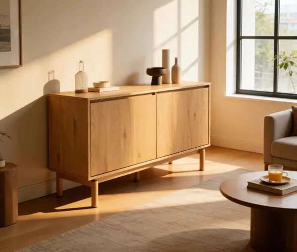 Buffet en bois naturel dans un salon lumineux avec fenêtre et table basse ronde
