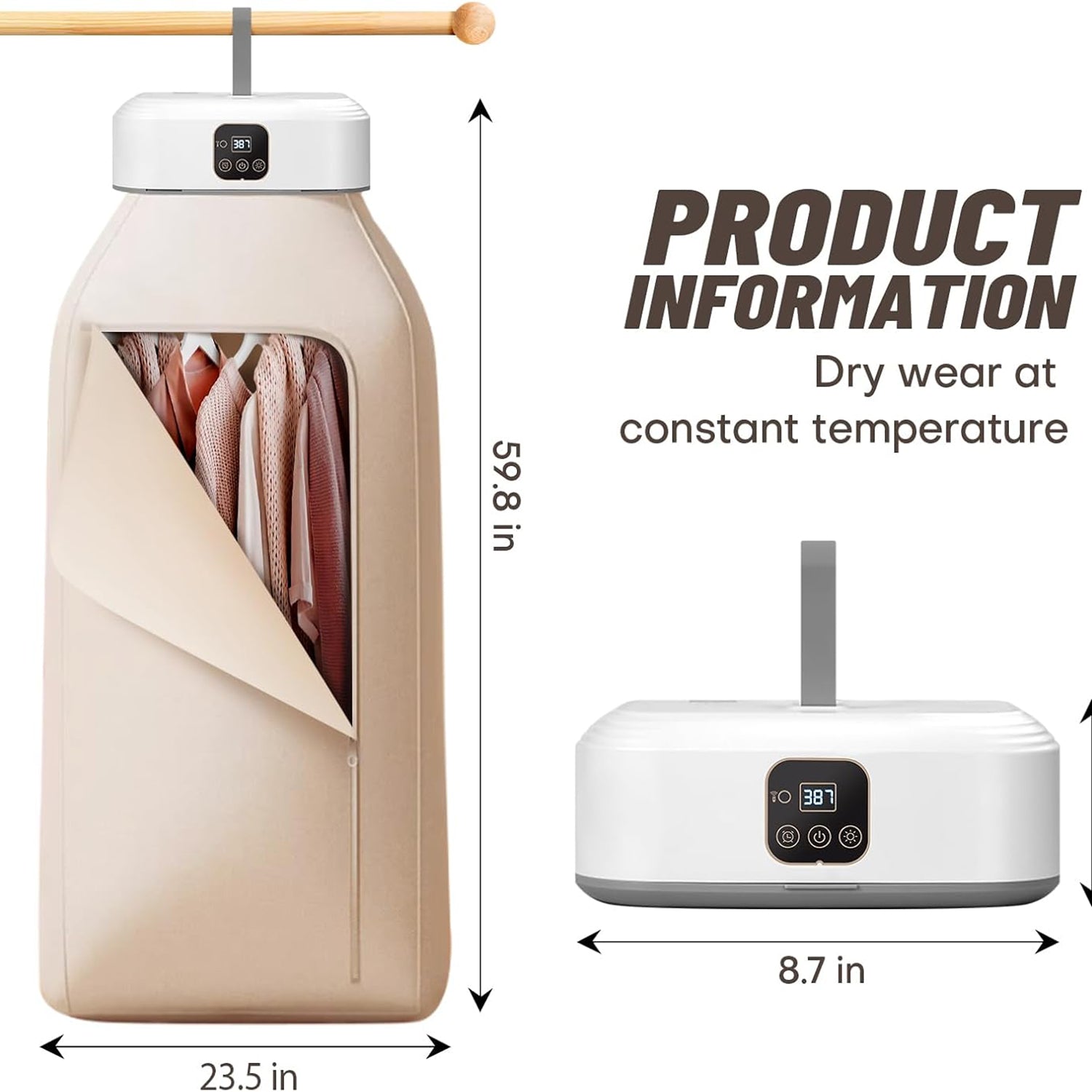 Beige cylindrical clothes dryer with digital display showing product dimensions and specifications for dry wear at constant temperature