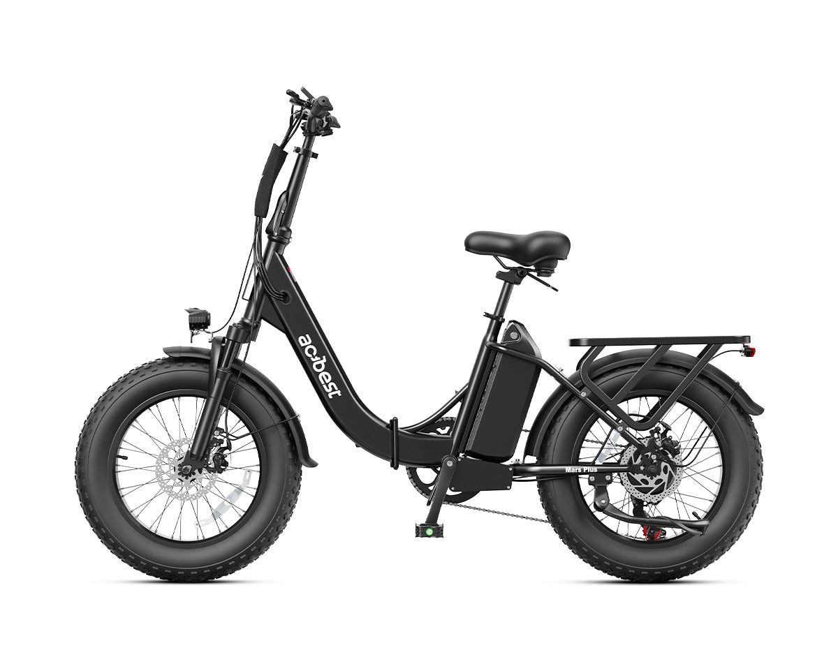 Black commuter e-bike with fat tires, step-through frame, rear rack, and kickstand shown from side profile