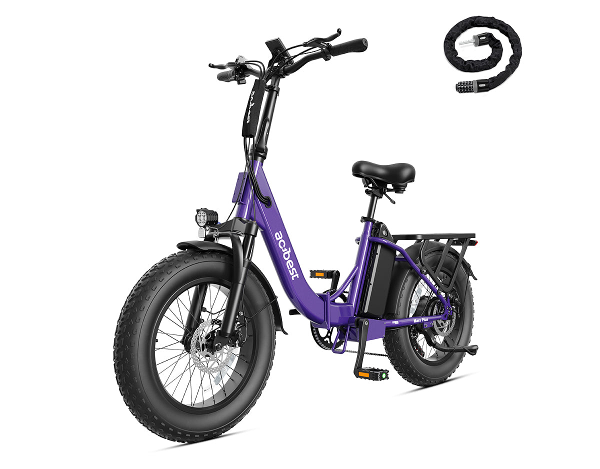 Purple moped-style e-bike with fat tires, handlebars, seat, and cable lock shown from front-right angle