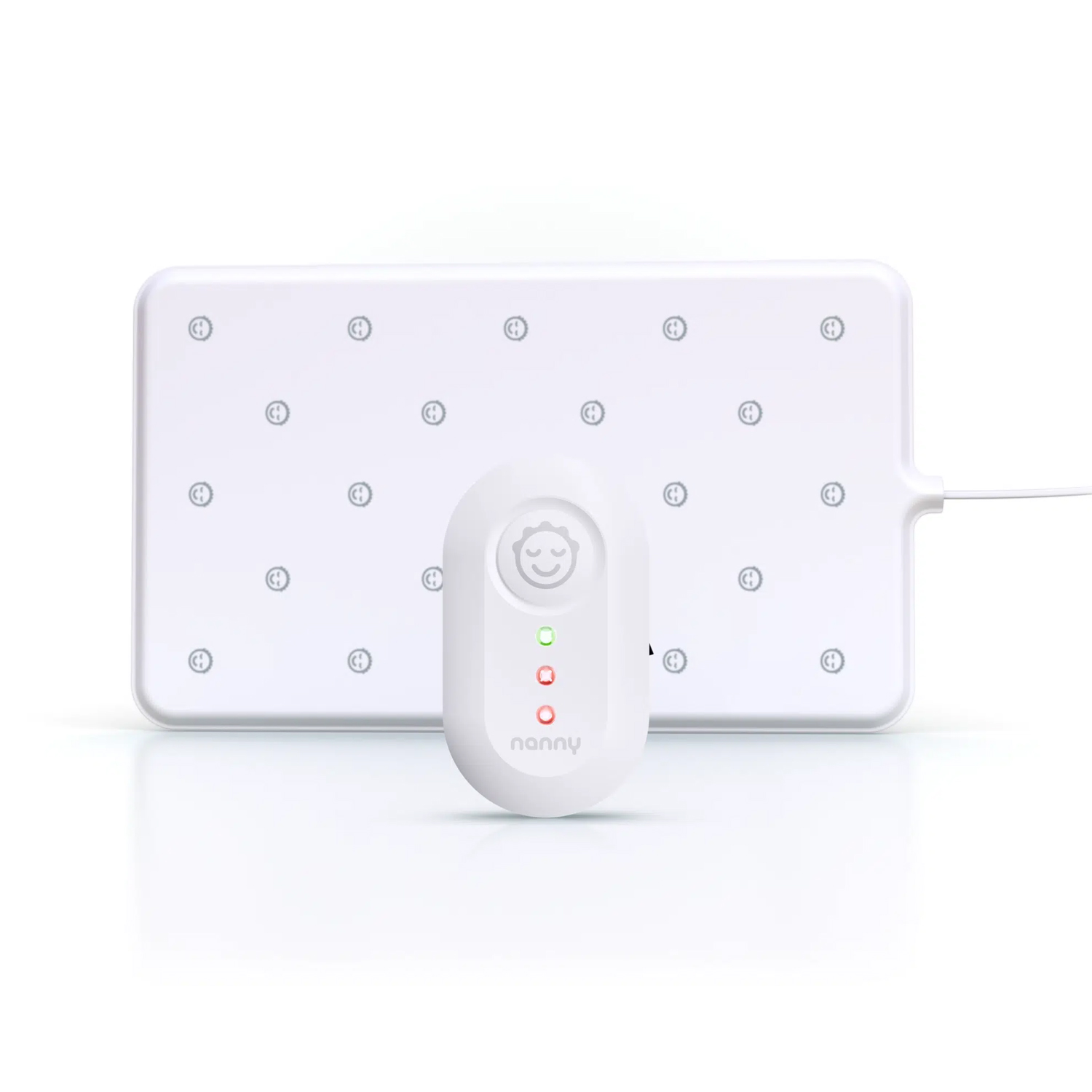 White baby monitor pad with control unit displaying temperature and connectivity status