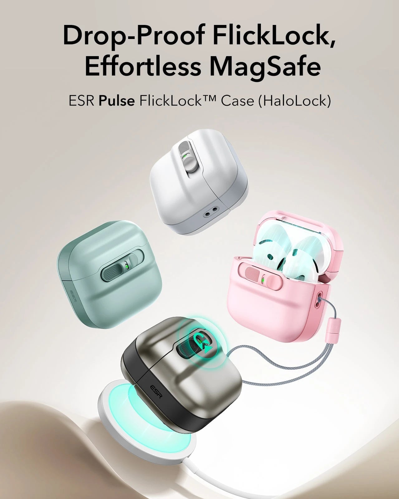 Vier farbige Schutzhüllen in Weiß, Mintgrün, Schwarz und Rosa mit geöffneten AirPods-Varianten