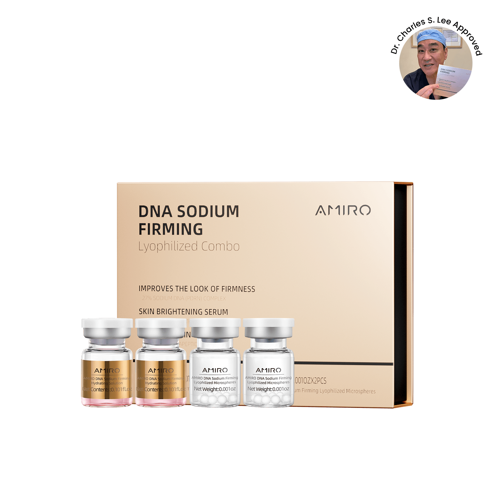 Skincare serum combo set with four vials and beige packaging box with doctor approval badge