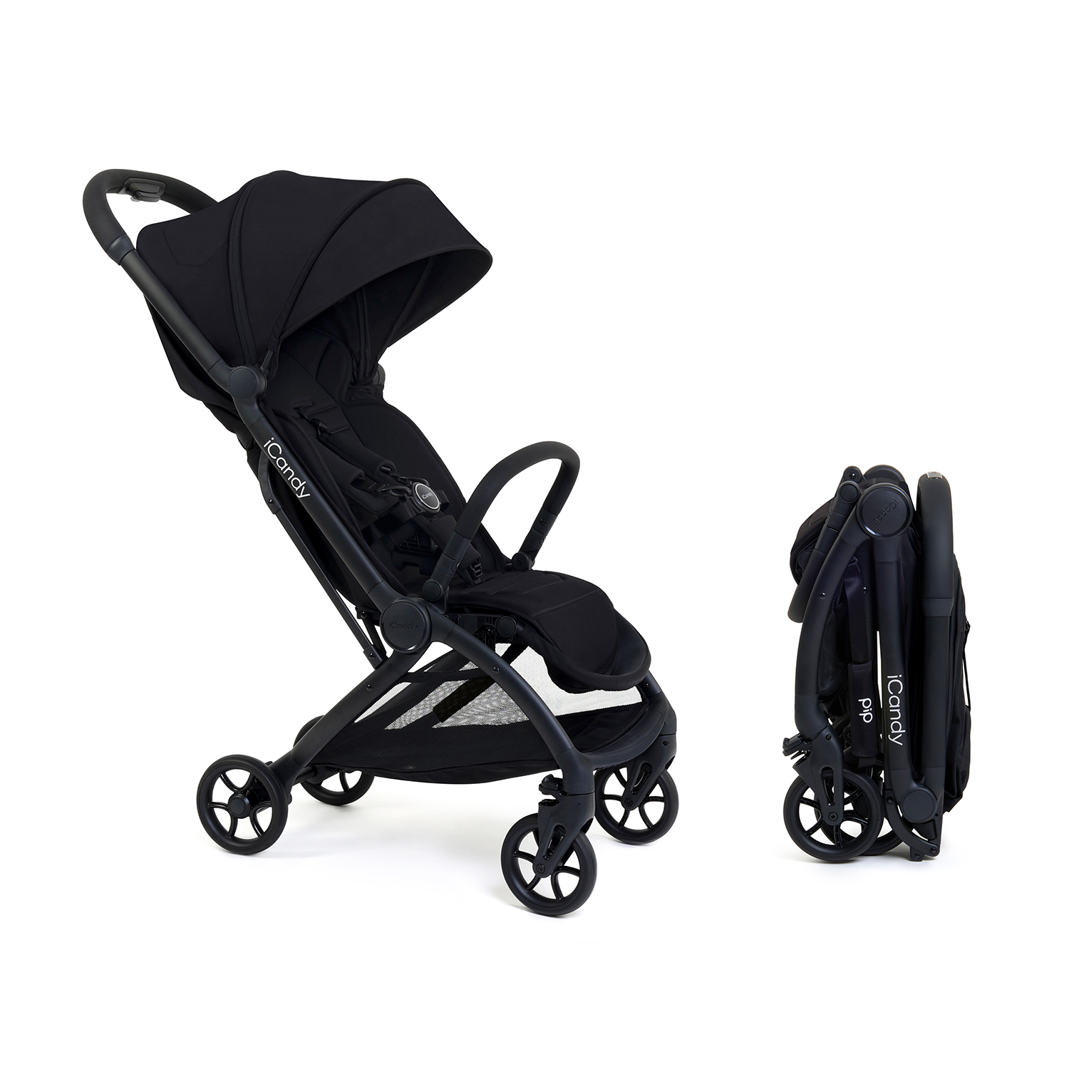 Compact black stroller shown fully extended and folded for portability