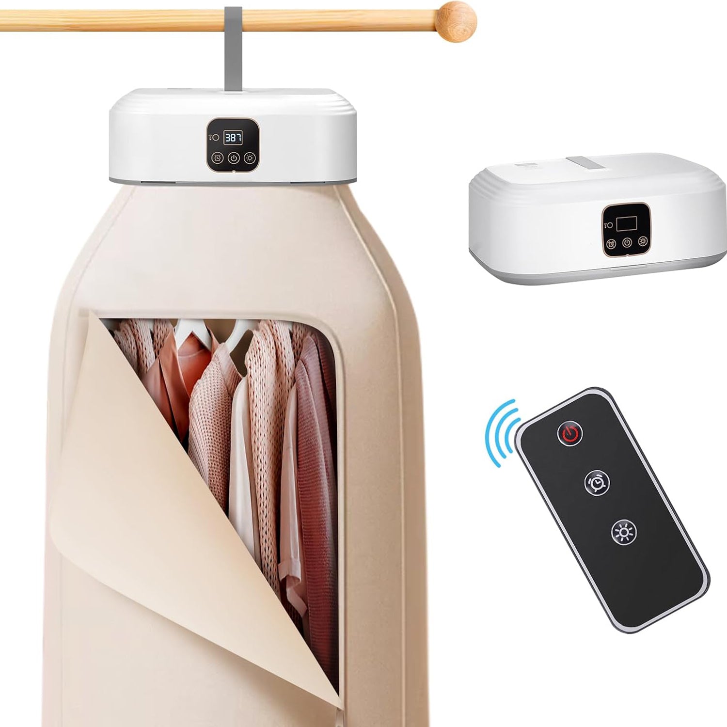 Portable clothing dryer with window display, digital control panel, wooden hanging rod, and black remote control