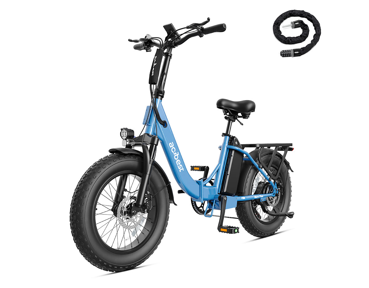 Blue moped-style e-bike with fat tires, handlebars, seat, and cable lock shown from front-right angle