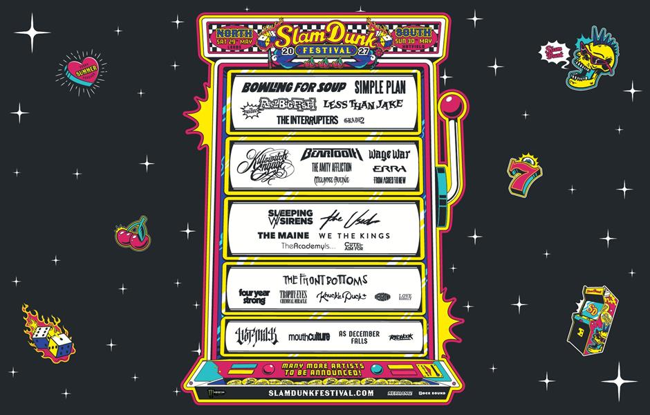 Affiche colorée du festival de musique Slam Dunk avec lineup d'artistes