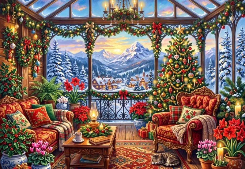 Winterliches Wohnzimmer mit Glaskuppel, Weihnachtsdekoration und Berglandschaft im Hintergrund