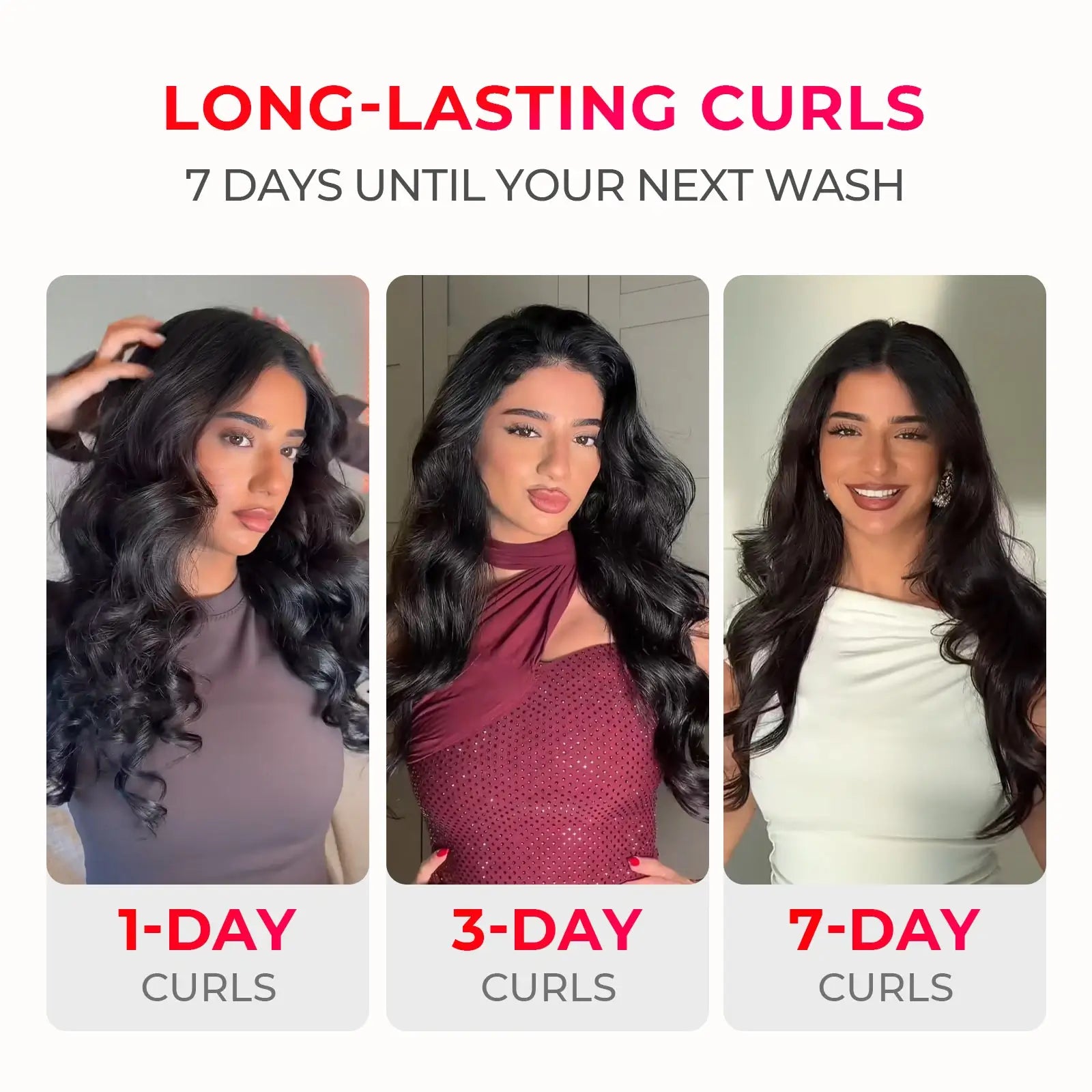 Three women showing wavy curled hairstyles labeled 1-day, 3-day, and 7-day curls