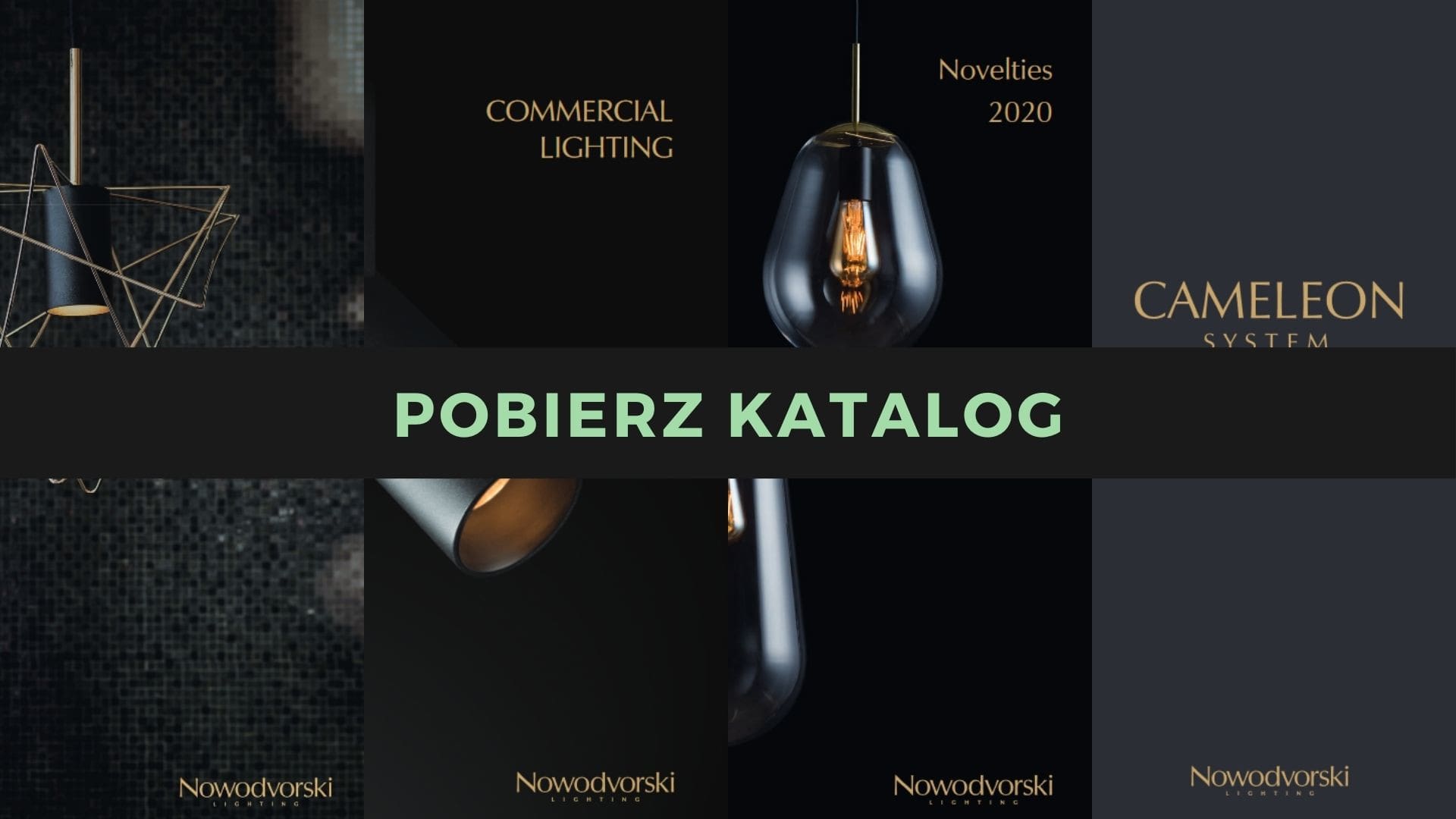 Katalog oświetlenia handlowego z eleganckimi lampami wisiorkowymi i złotymi napisami na czarnym tle