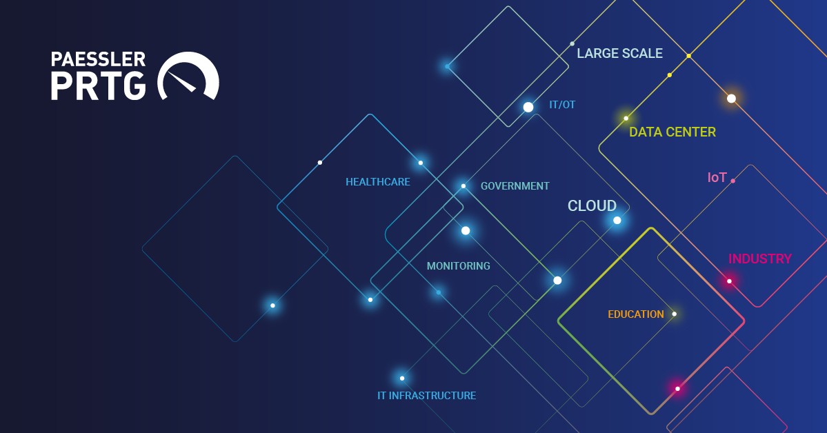 PAESSLER PRTG logo with geometric network diagram showing monitoring categories: Healthcare, Government, Cloud, Data Center, IoT, Industry, Education, IT Infrastructure