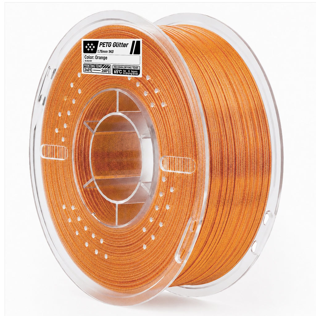 Szpula filamentu PETG Glitter w kolorze pomarańczowym, 1,75mm, w przezroczystym opakowaniu
