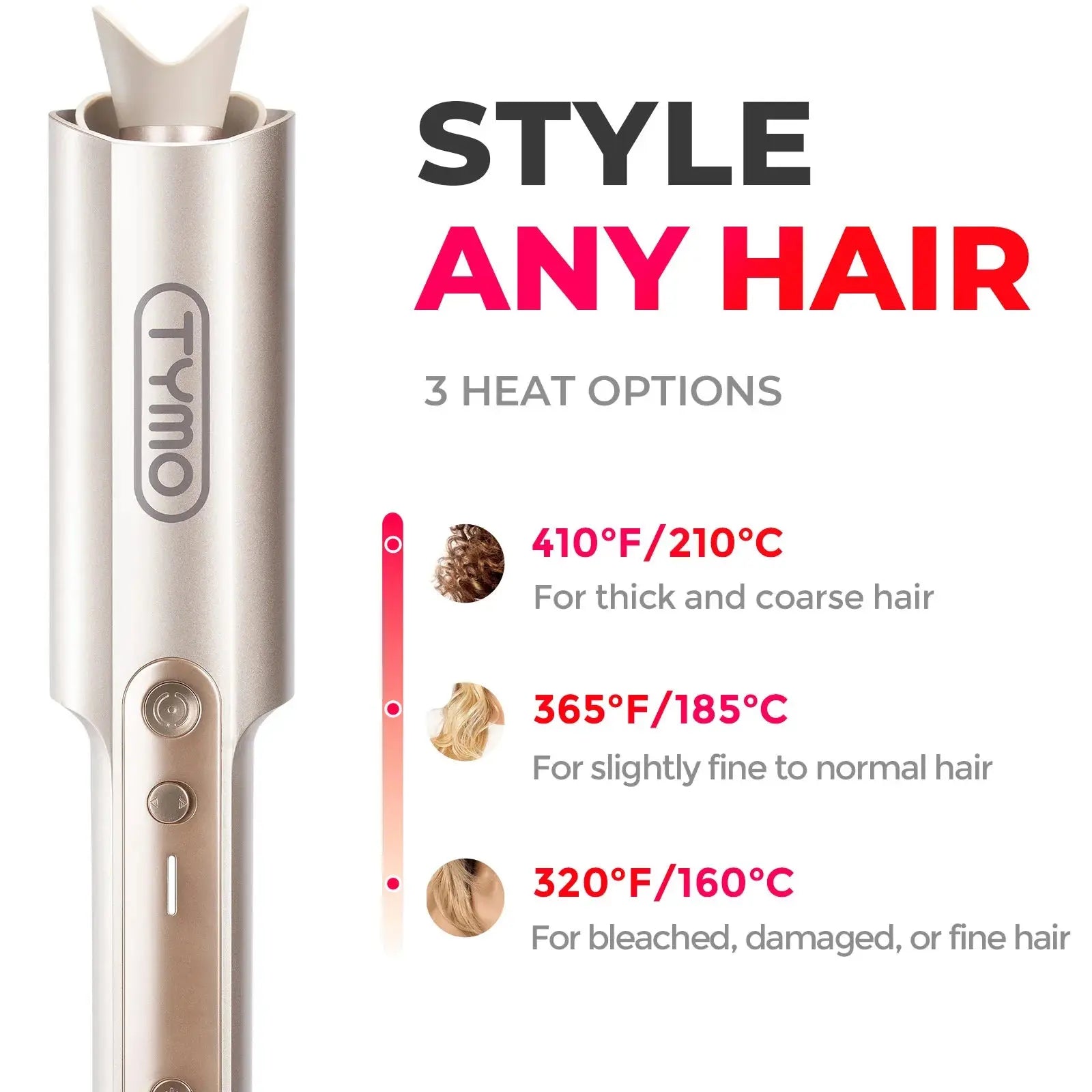 Hair curling iron device with three temperature settings ranging from 320°F to 410°F for different hair types