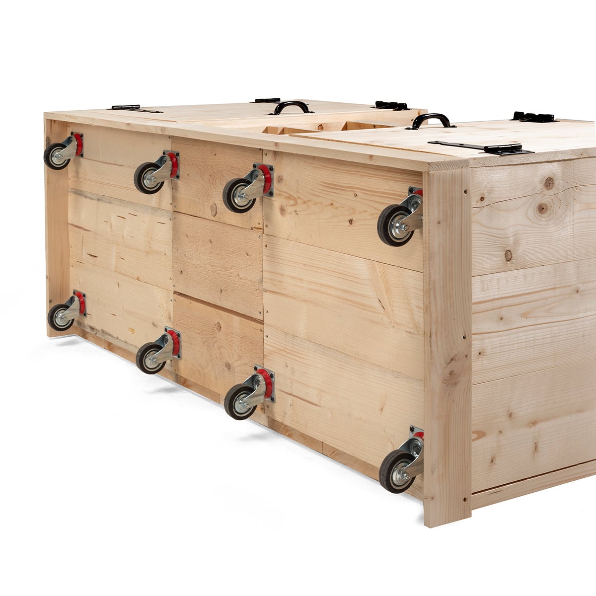 Holzcontainer auf Rädern mit Griff und aufklappbarem Deckel