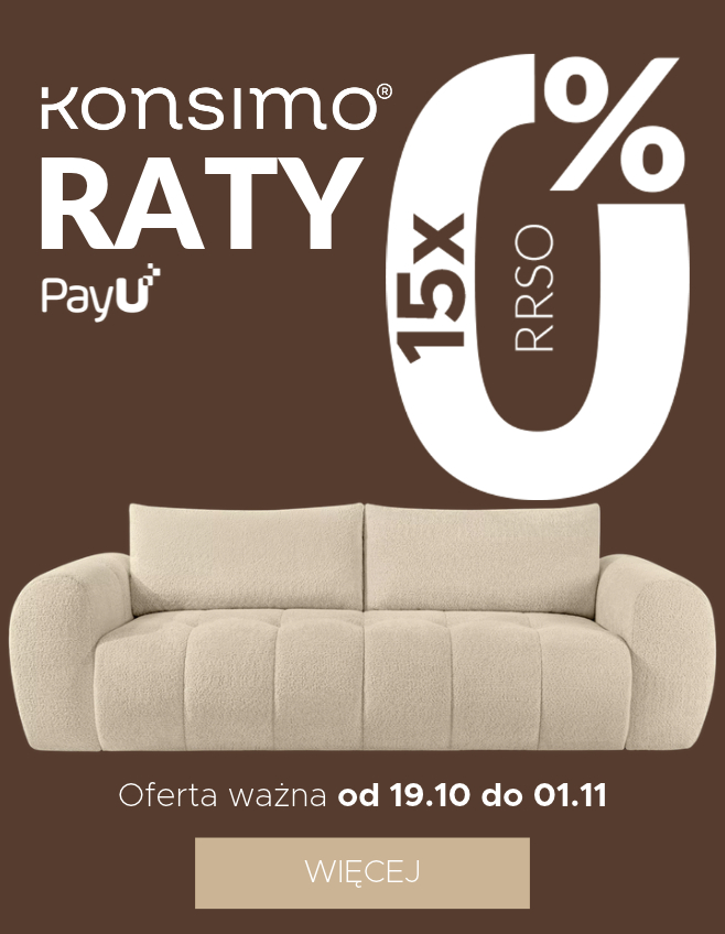 Promocja ratalnego finansowania mebli z logiem Konsimo, sofa beżowa na tle brązowym