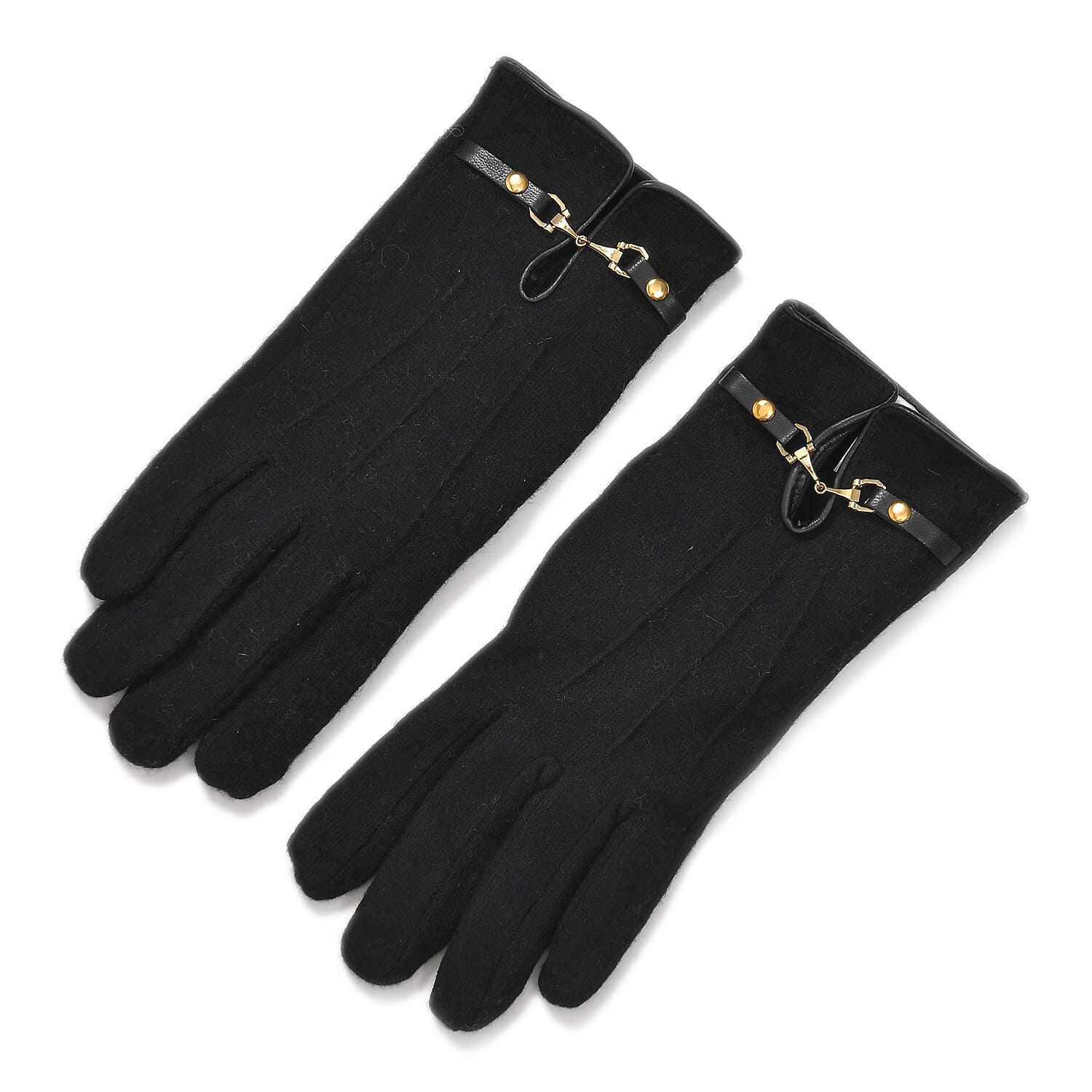 Pair of black gloves with leather trim and gold-tone decorative buckle details