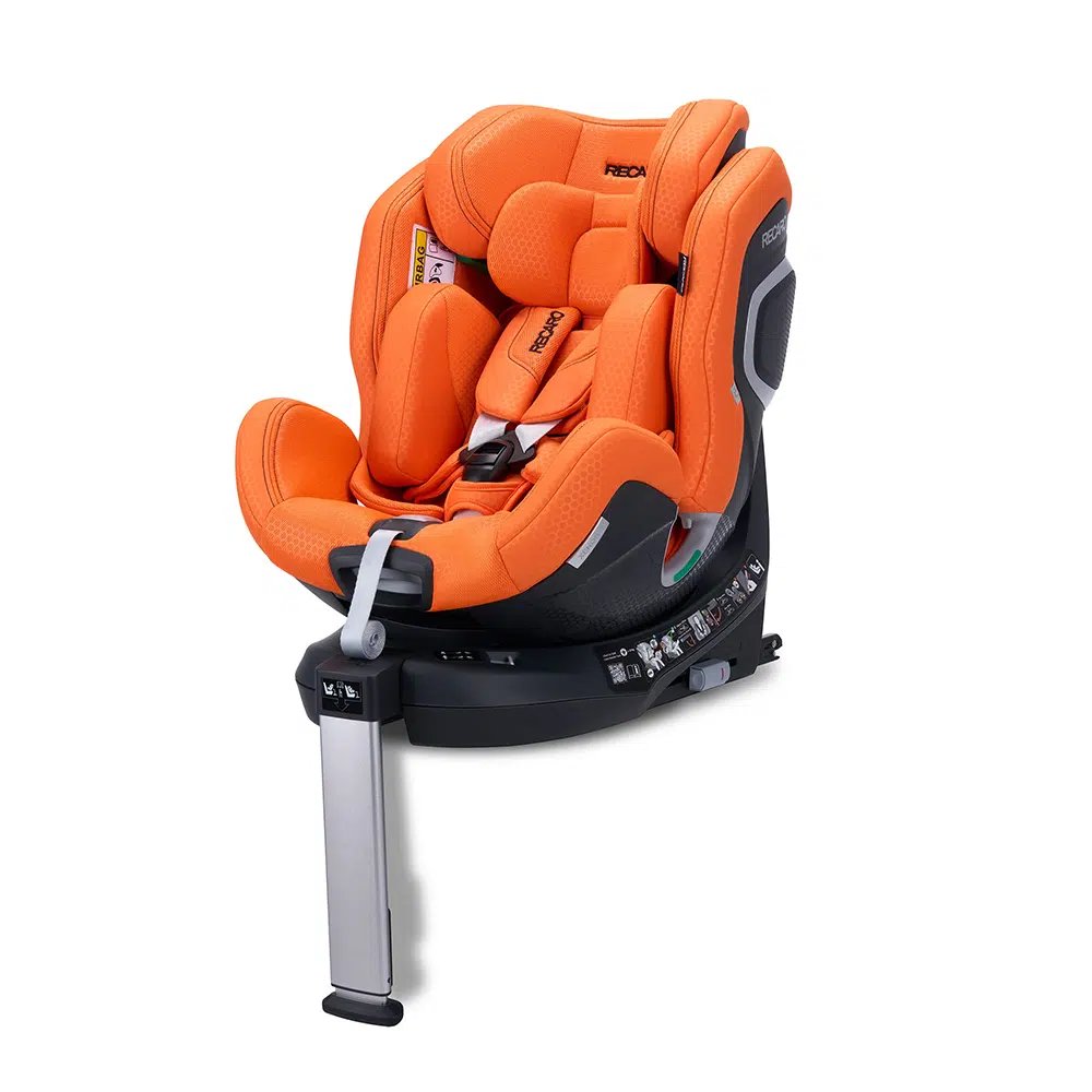 Orange and black car seat with rotating base and safety harness system