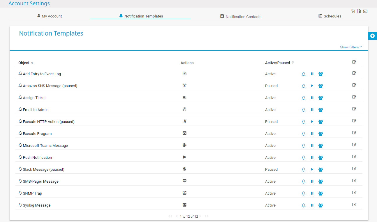 Account Settings Notification Templates list displaying 12 notification types with Active or Paused status