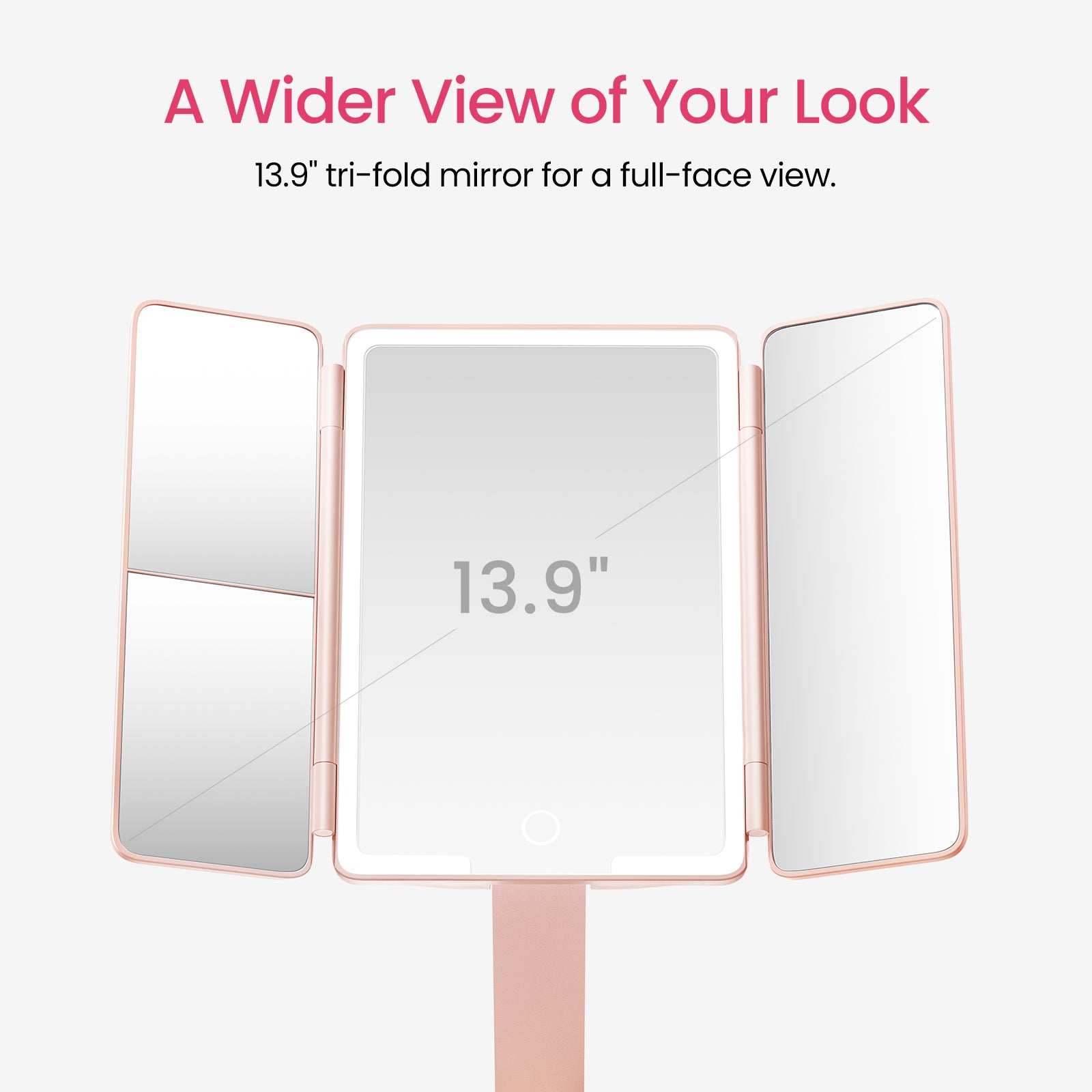 Pink tri-fold vanity mirror with 13.9-inch main panel displayed open against white background