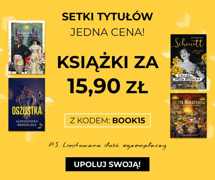 Promocja książek za 15,90 zł z kodem BOOK15 na żółtym tle