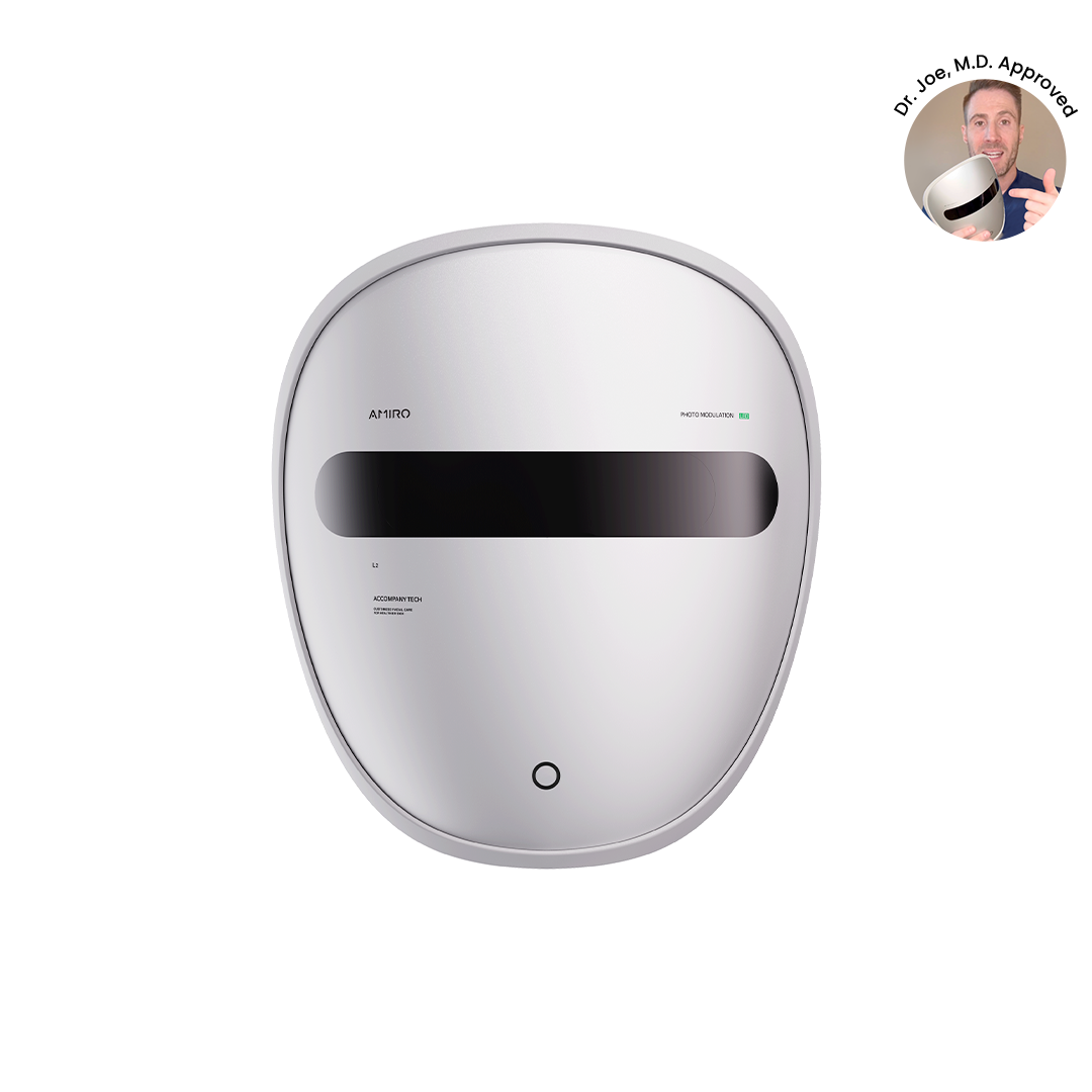 Silver full-face LED mask with horizontal light bar and doctor approval badge in corner