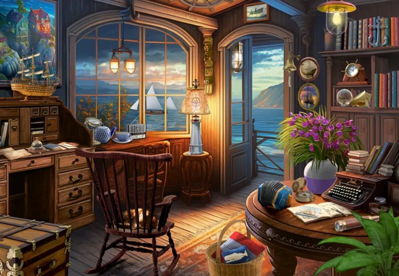 Klassisches Arbeitszimmer mit Holzmöbeln, Bücherregalen und Meerblick durch große Fenster