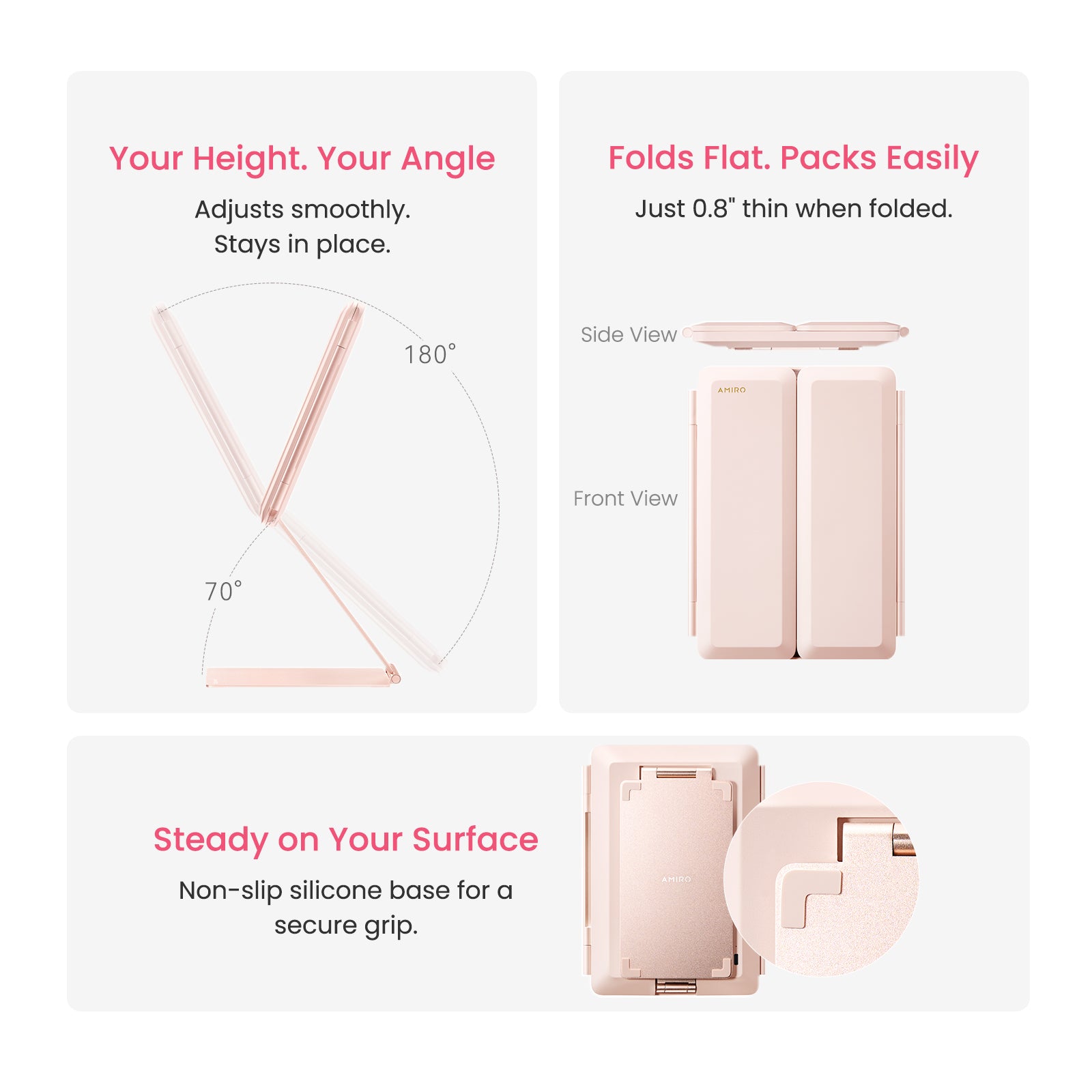 Tri-fold mirror features including adjustable angle range between 70-180 degrees, compact 0.8-inch folded thickness, and non-slip silicone base for stability