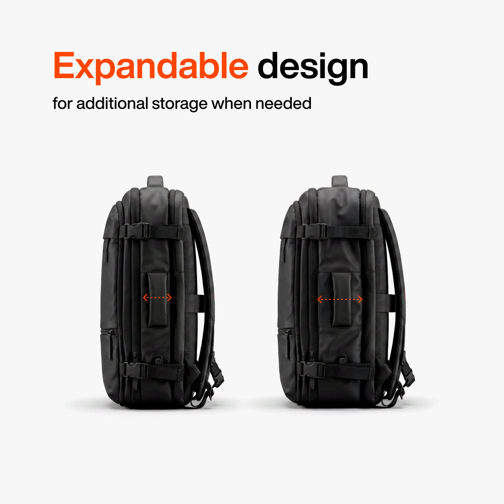 Two black backpacks side by side showing expandable compartment design with dotted arrow indicating expansion