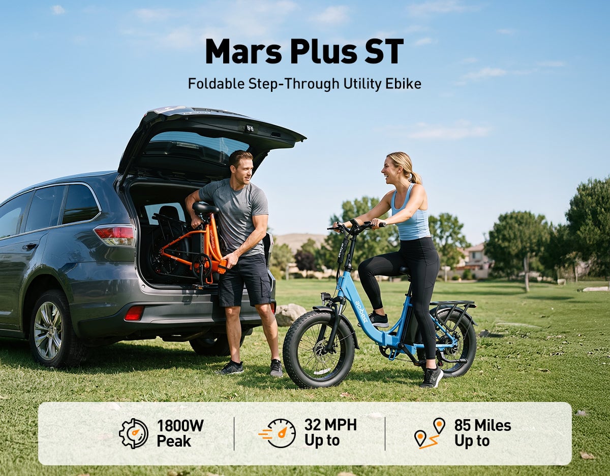 Man loading blue foldable step-through ebike into car trunk in a park setting