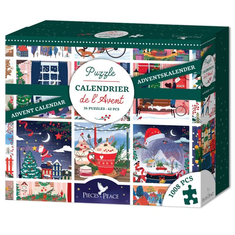 Adventskalender Puzzle Box mit 24 Puzzlen in grüner Verpackung