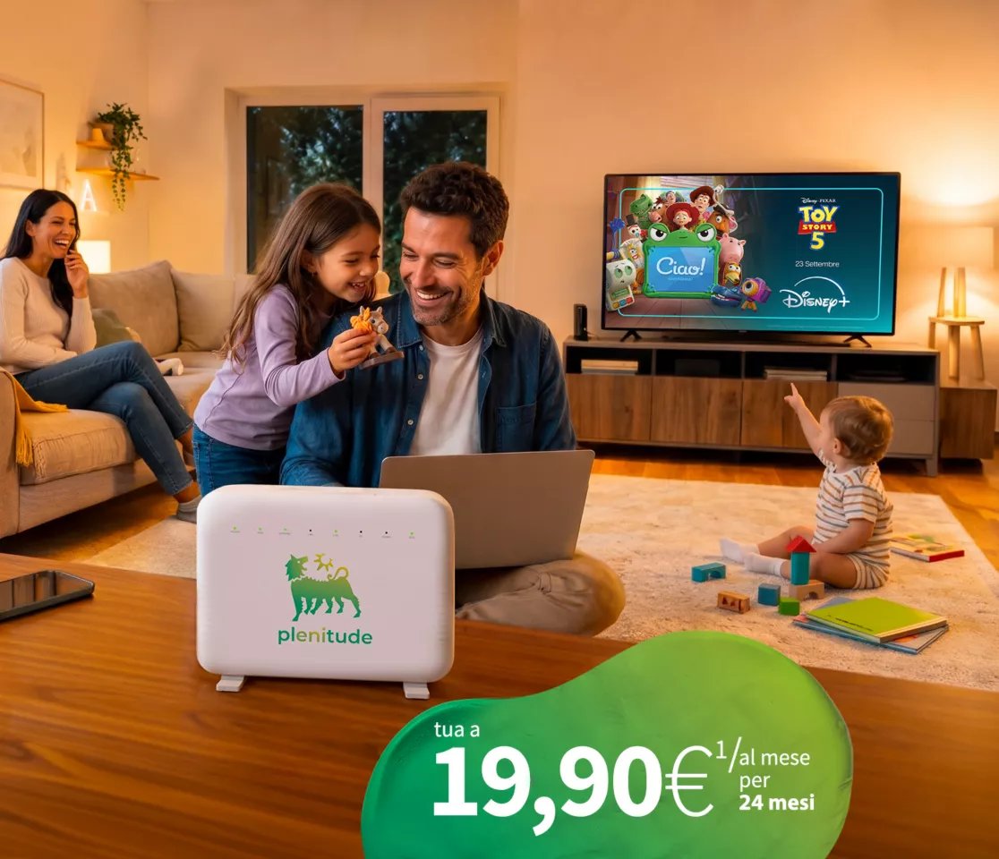 Famiglia che guarda film Disney+ in soggiorno con modem Wi-Fi verde sulla tavola