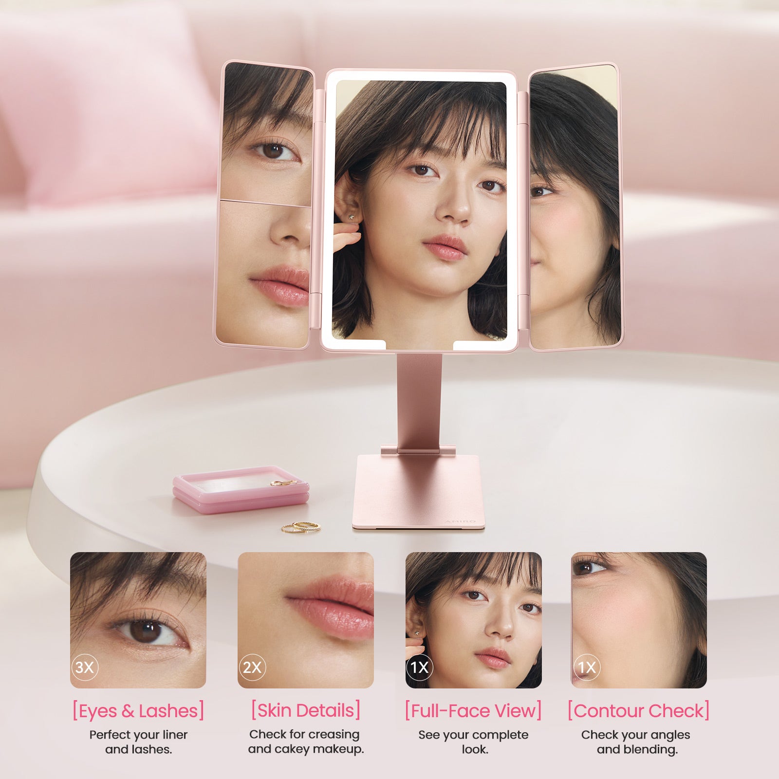 Woman using tri-fold mirror showing three viewing angles with magnification options labeled 3X, 2X, 1X, and 1X for different makeup application areas