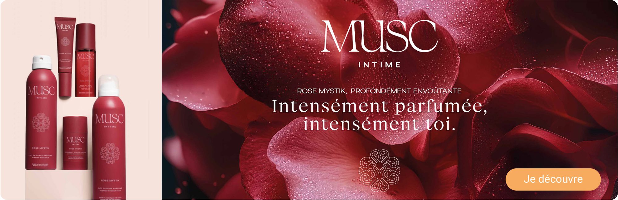 Collection de produits de soins intimes rouge foncé avec rose mystik parfumée