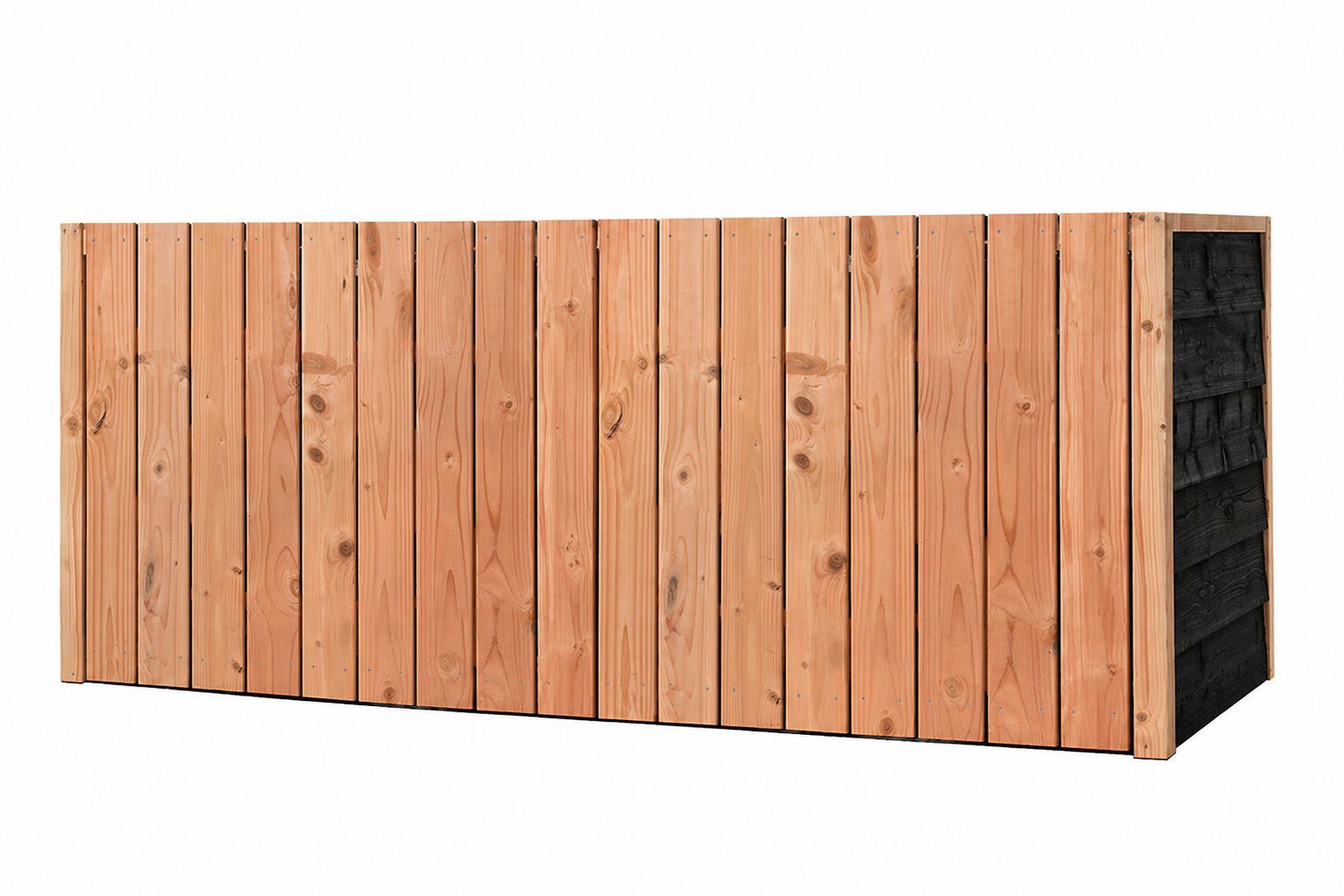Holzcontainer mit vertikalen Brettern und schwarzer Seitenwand