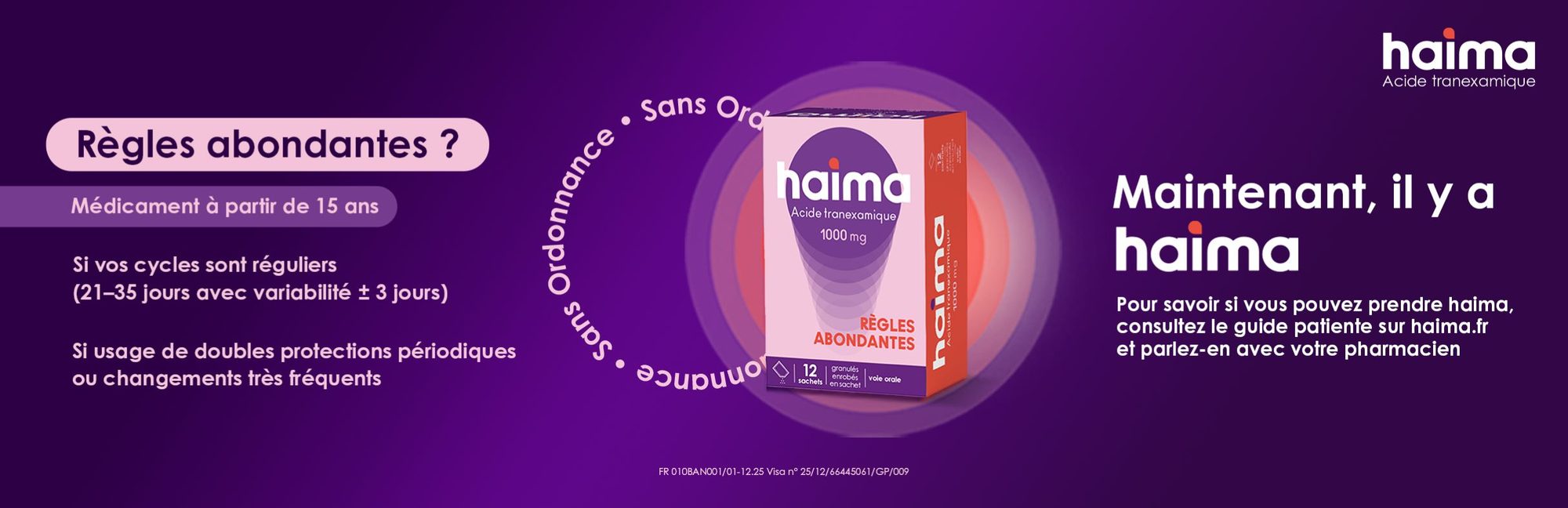Boîte de comprimés pour règles abondantes avec packaging violet et orange