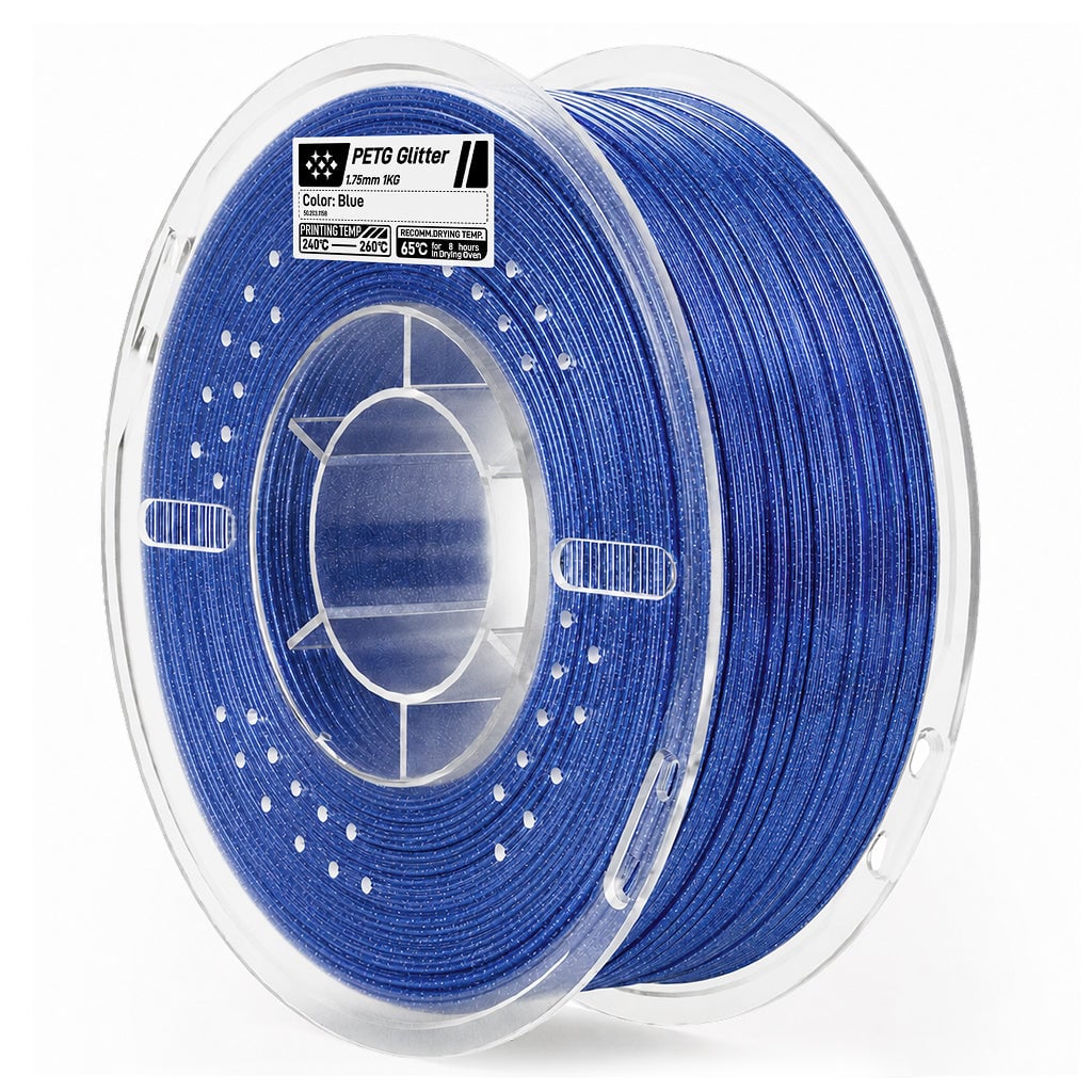 Szpula filamentu PETG Glitter w kolorze niebieskim, 1,75mm, w przezroczystym opakowaniu